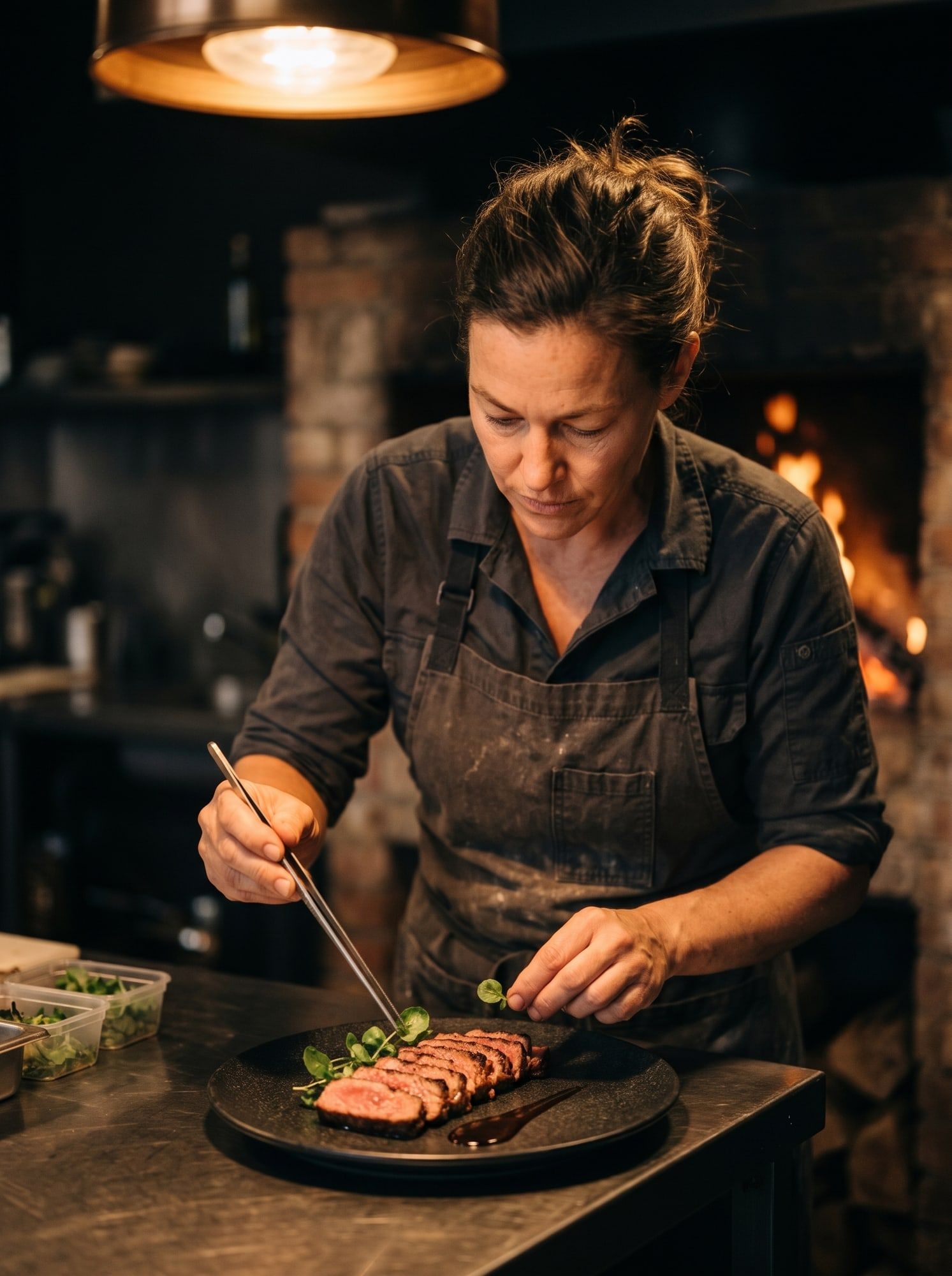 Chef Mara Ellison plating sliced steak with tweezers, the hearth glowing behind her
