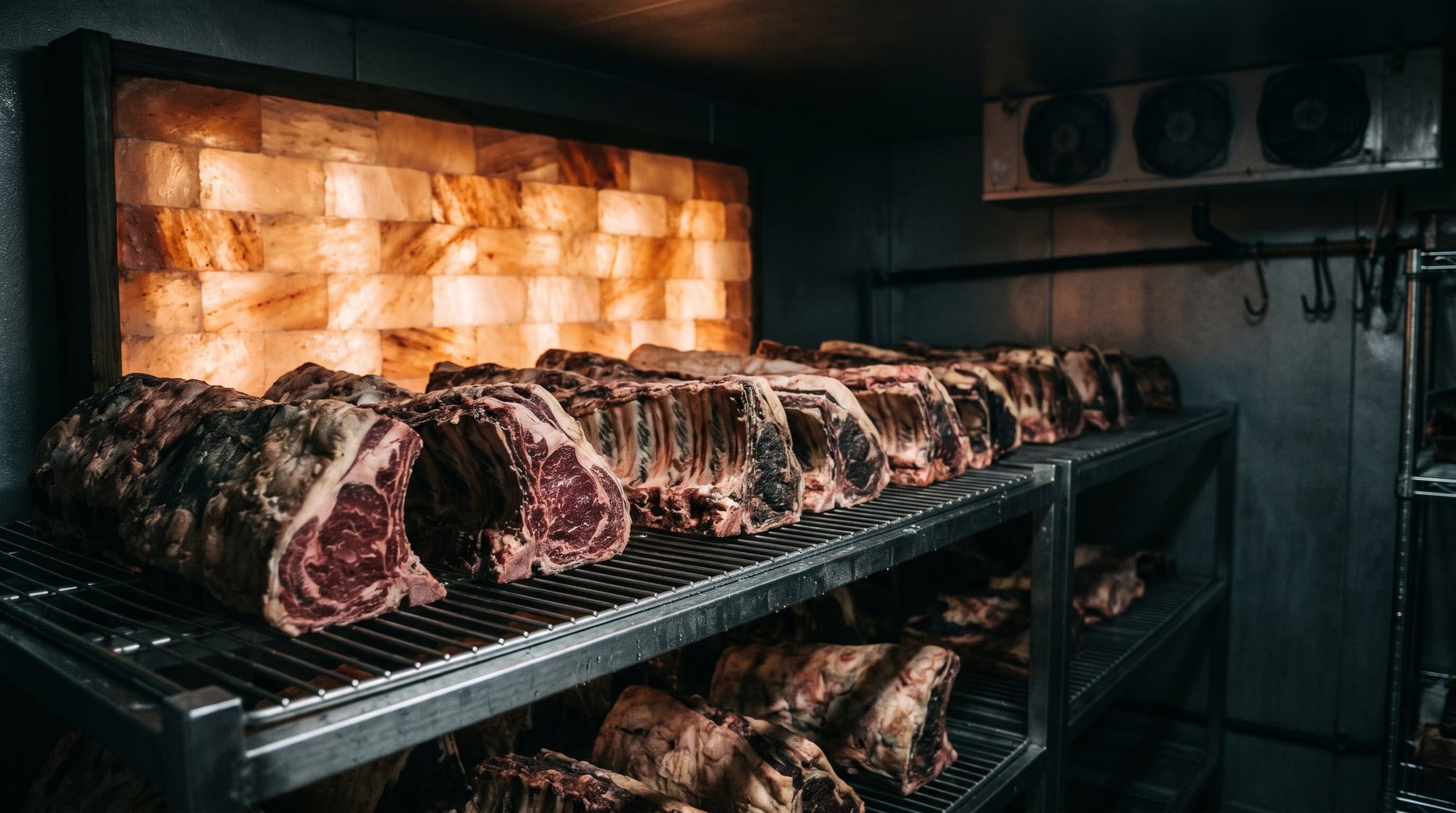 Bone-in loins dry-aging on racks in the basement