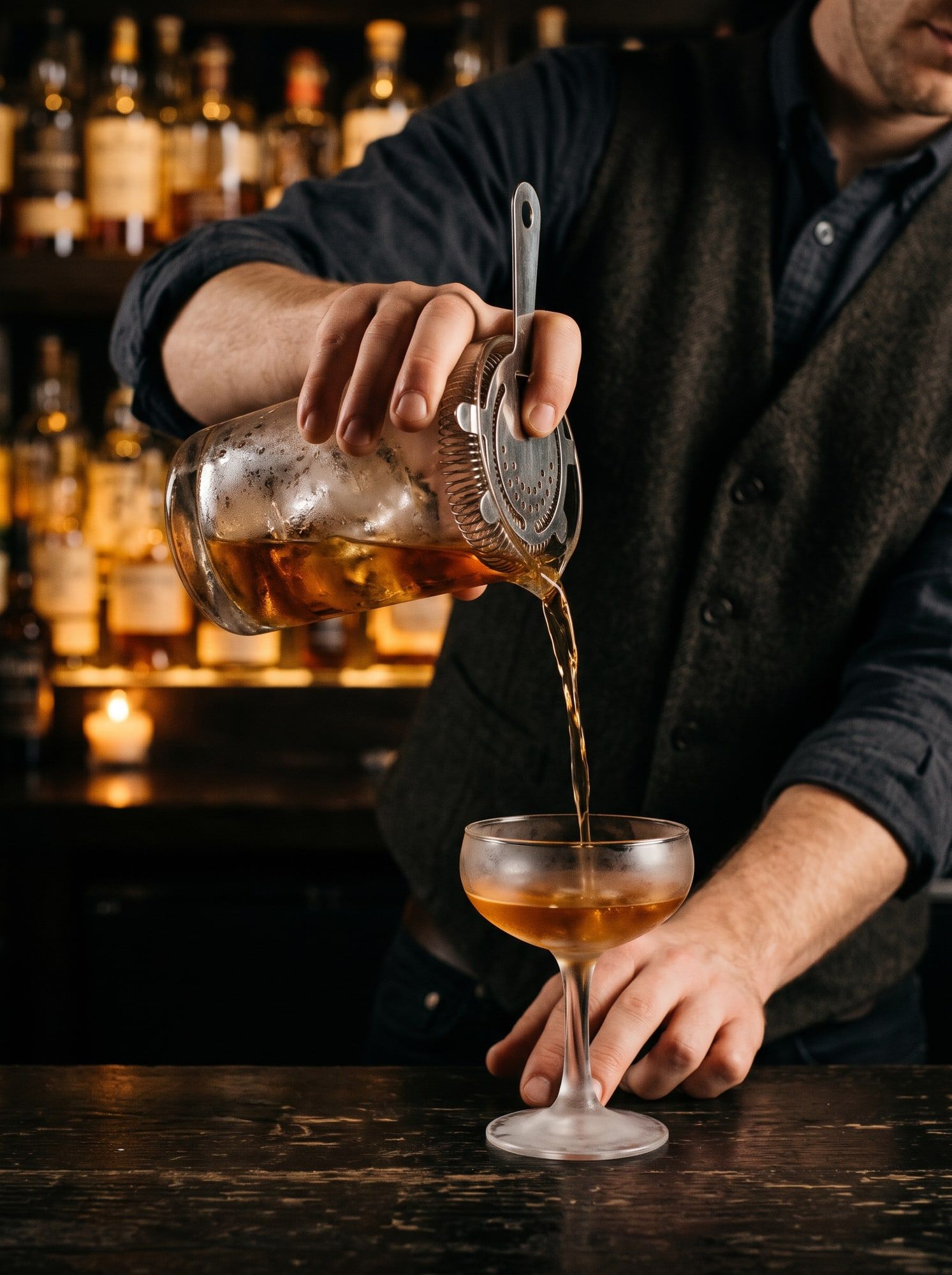 A bartender pouring a stirred cocktail