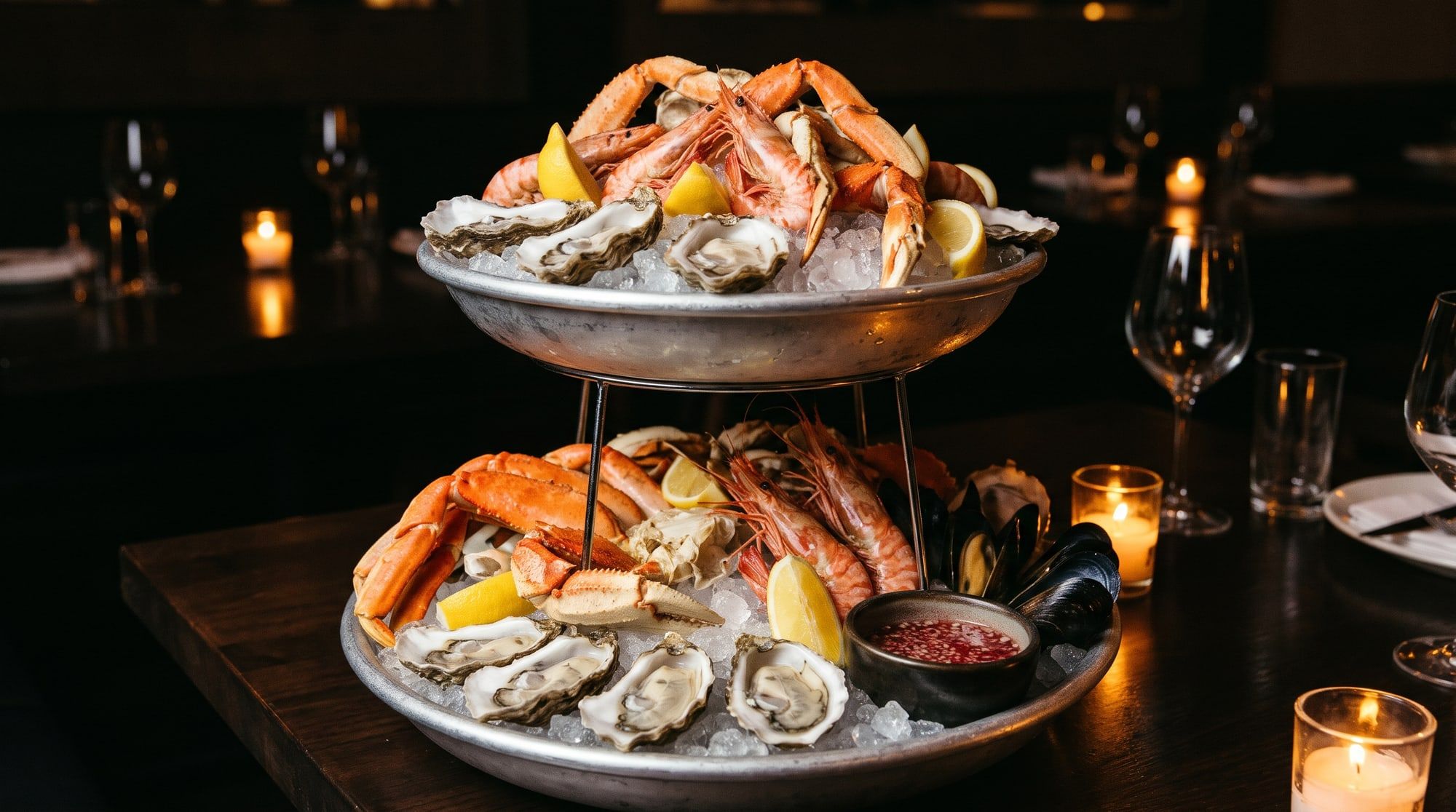 A shellfish tower on crushed ice