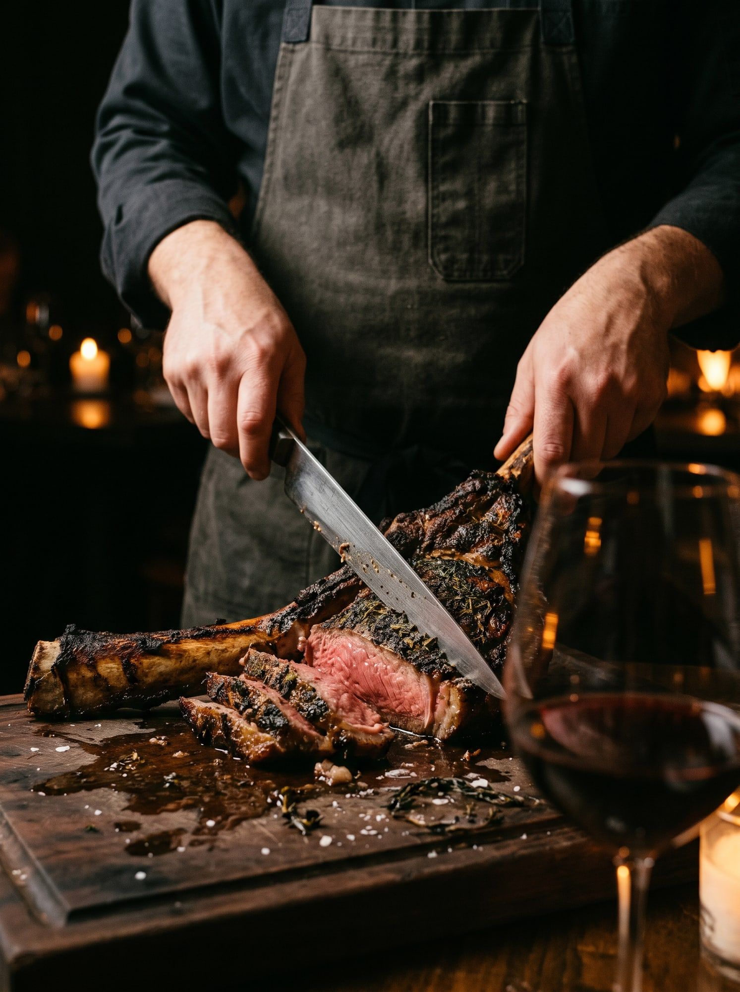 A steak being carved at the table