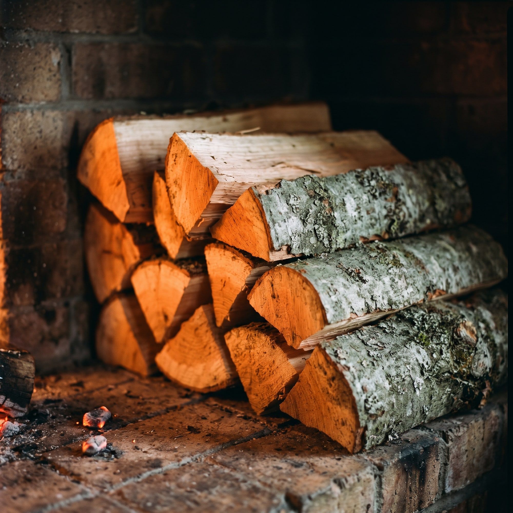 Split alder logs stacked beside the hearth