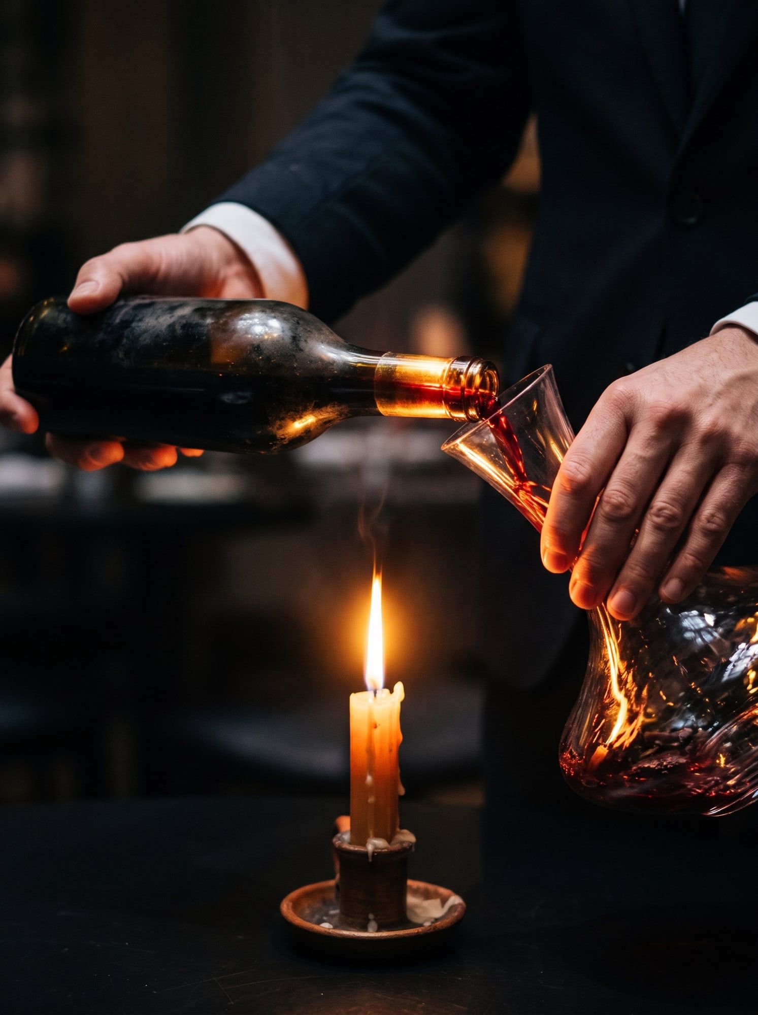 Red wine being decanted by candlelight