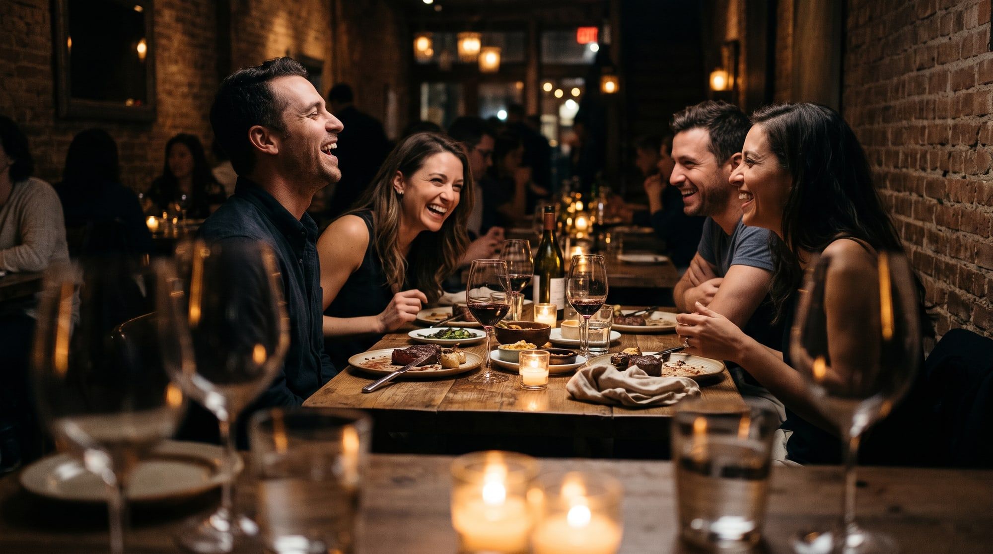 Friends laughing over dinner