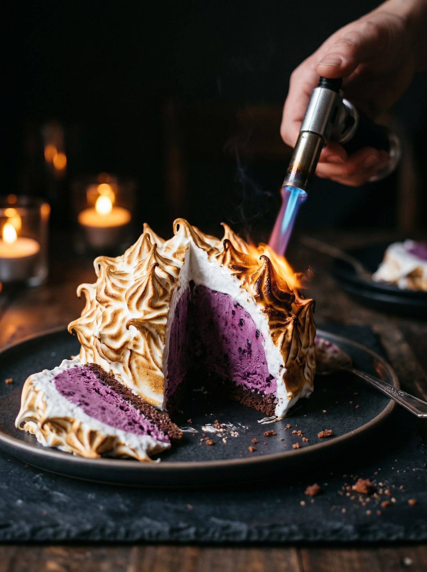 A baked Alaska being torched
