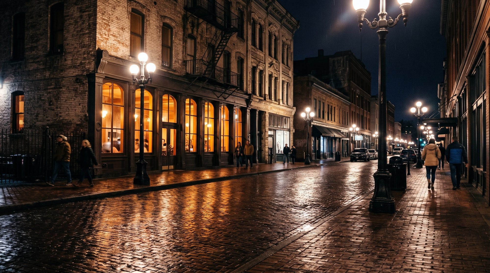 The restaurant’s windows glowing on a Pioneer Square street at night