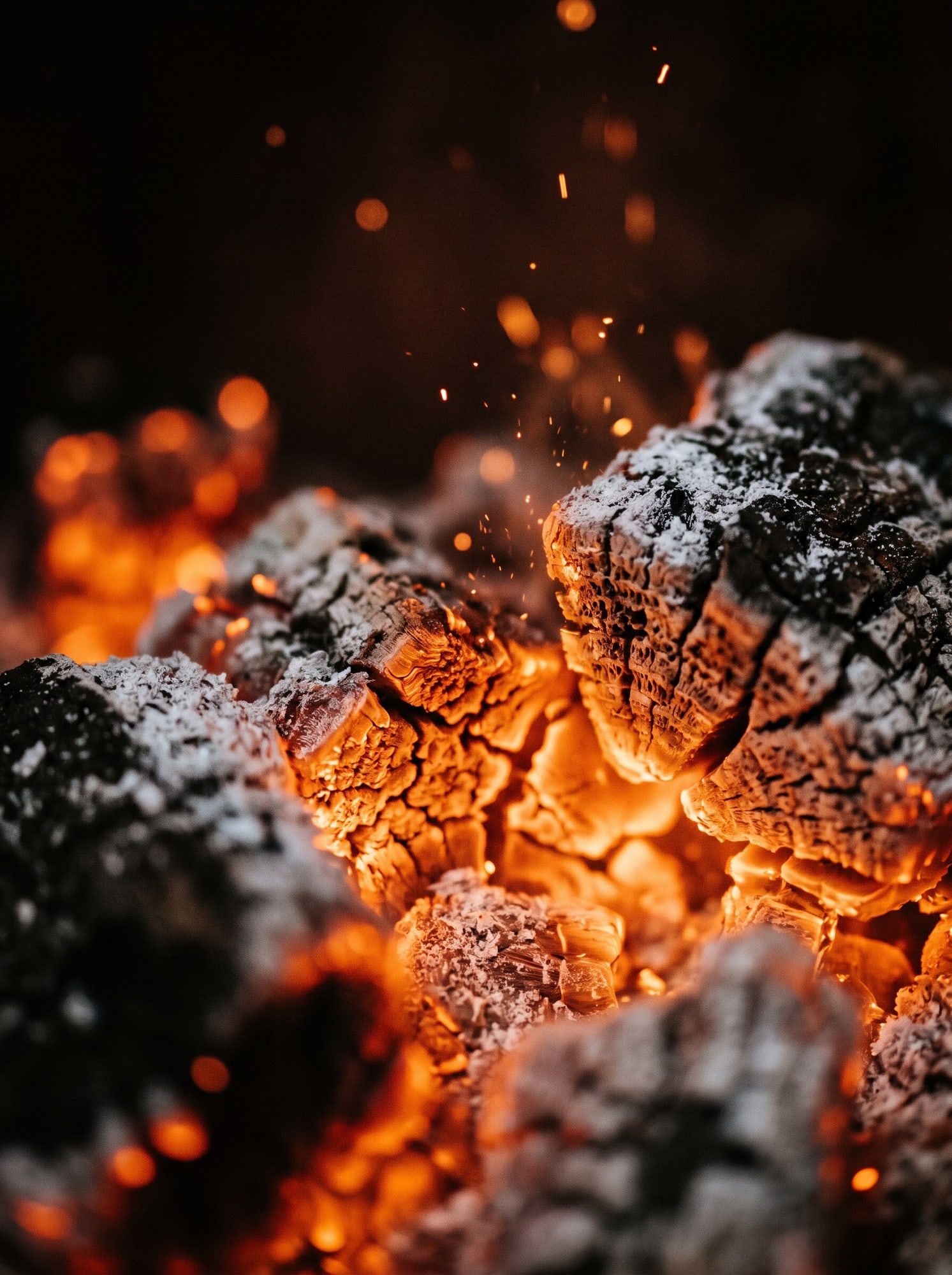 Embers in the hearth, close up