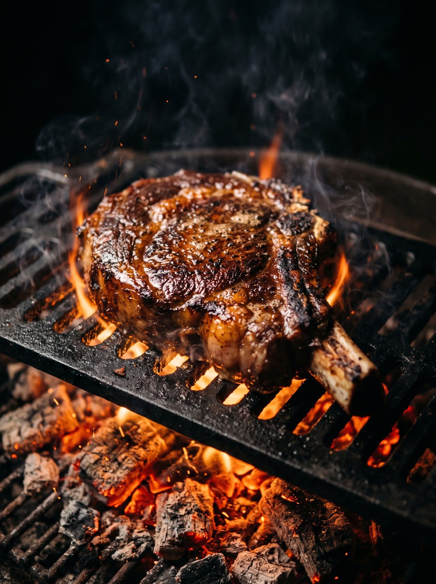 A bone-in steak on the grate over glowing alder coals
